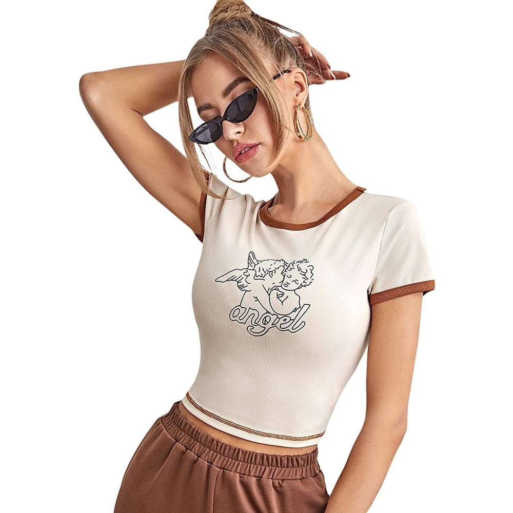 SHEIN Womens Angel Cherub Graphic Ribbed Ringer Crop Top Beige Brown Size Medium